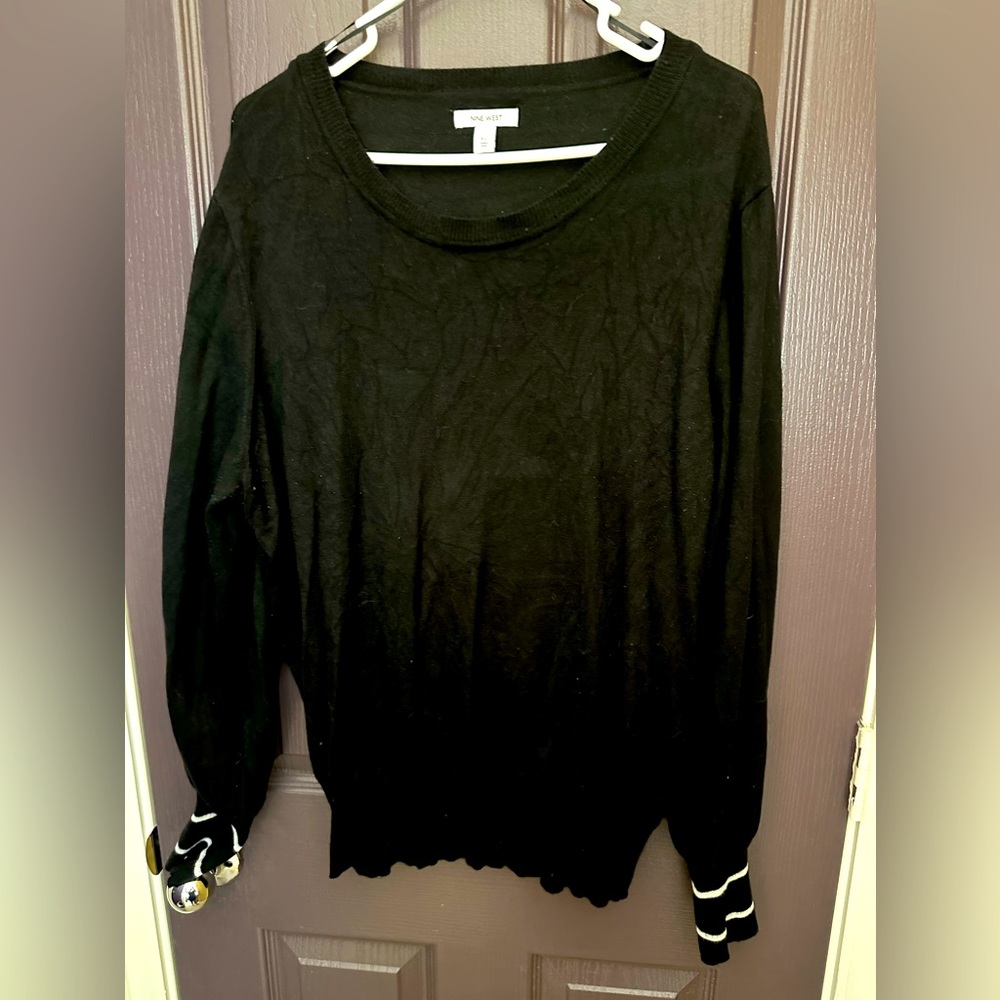 Nine West Long Skeeve Black Crewneck Sweater with White Trim on Cuffs Size XL